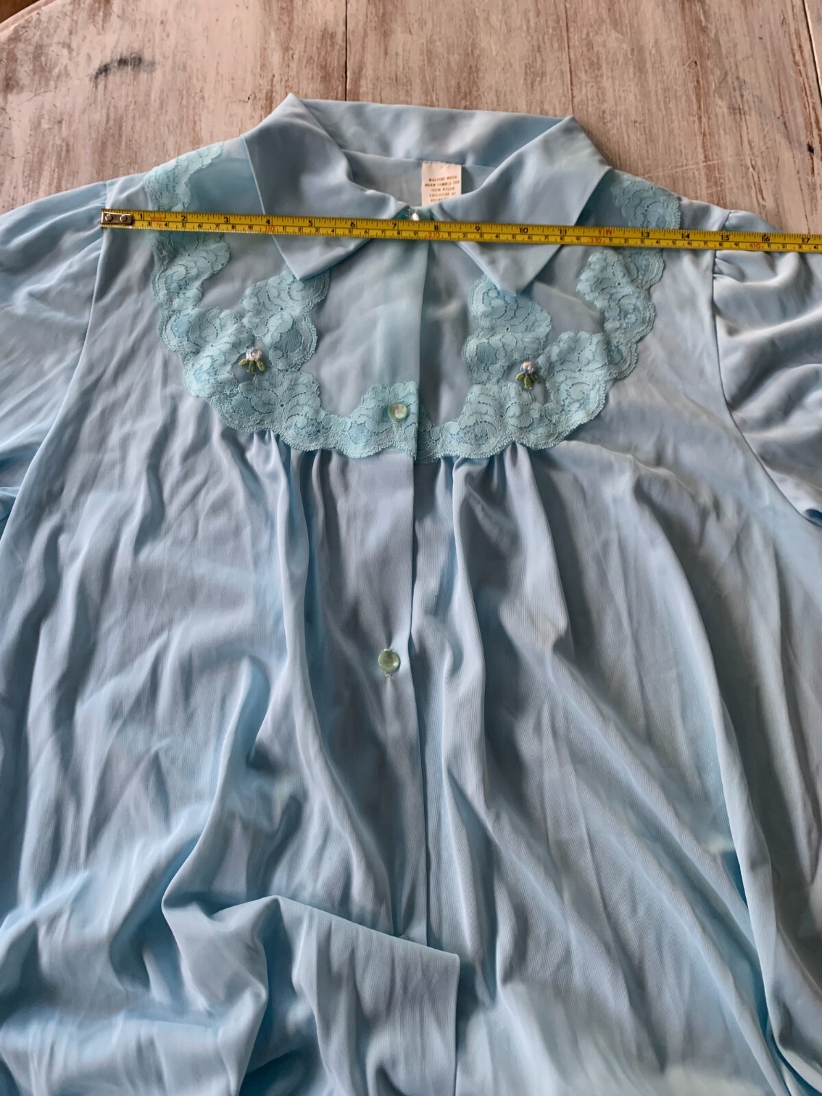 Vtg Blue Nylon Button Front Lace Flowers Robe House Coat Texsheen NEW – Sz L