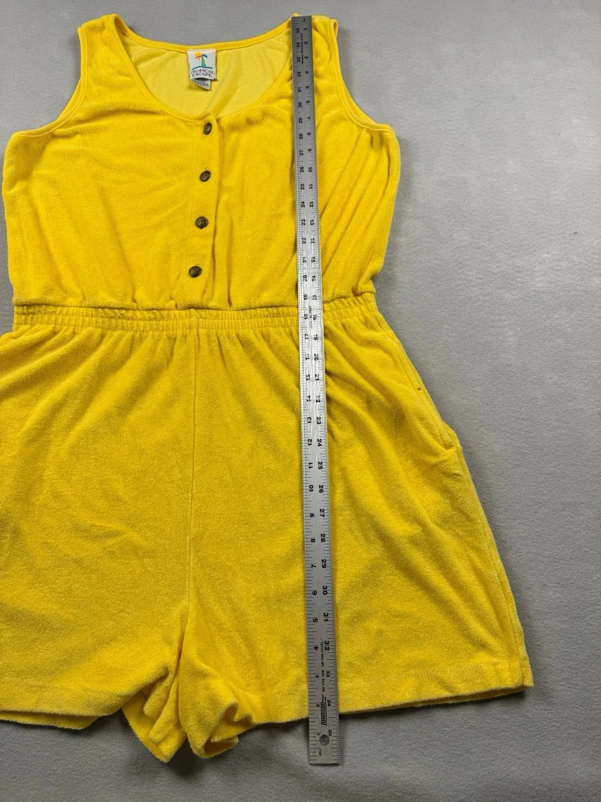 Vtg Sears Women’s Yellow Terry Cloth Romper Tropical Escape Beach 80’s One Piece