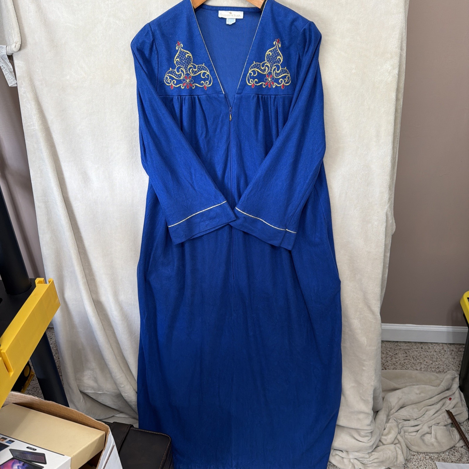 Vtg Elizabeth Blair Women&rsquo;s Size 1X Blue Velour Robe Housecoat Zip Front Pockets