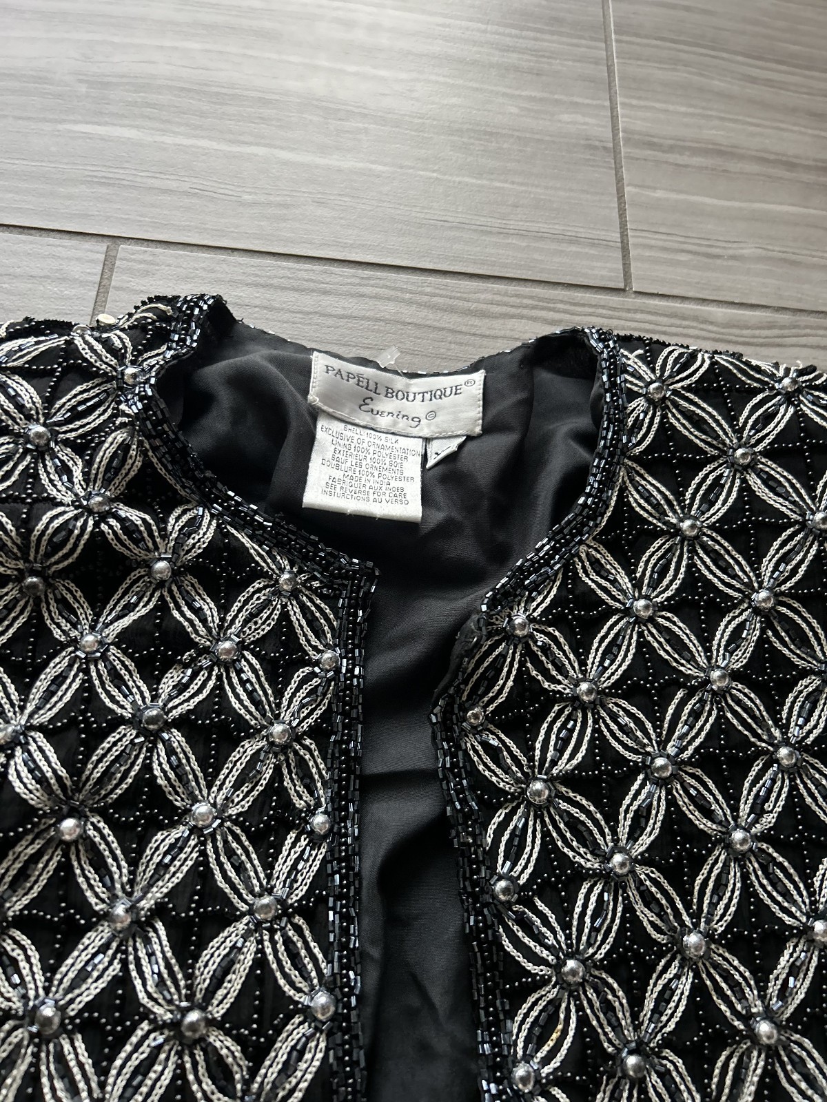Vintage Beaded Evening Jacket Black Silver Silk Papell Boutique 60s Real Silk