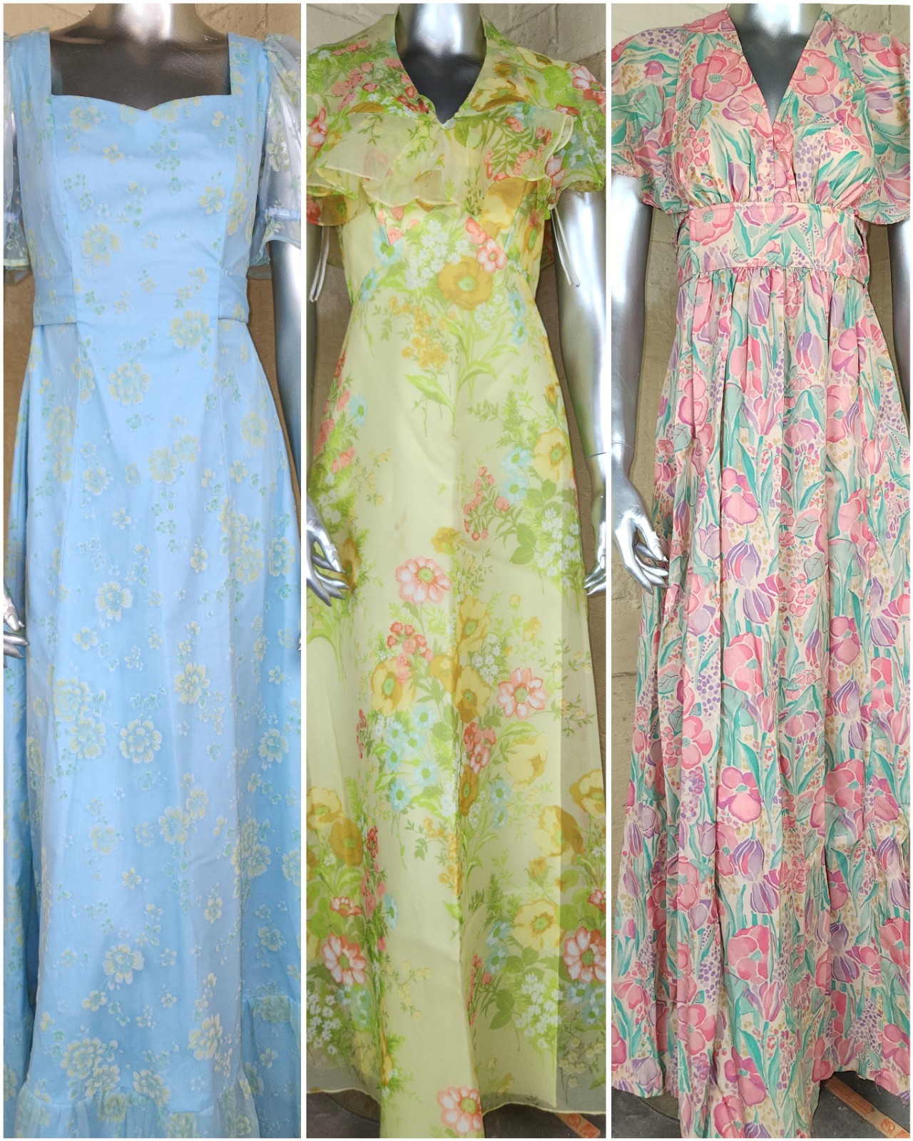 Vintage Maxi Dress Lot Of 3 Romantic Cottagecore Flocked.