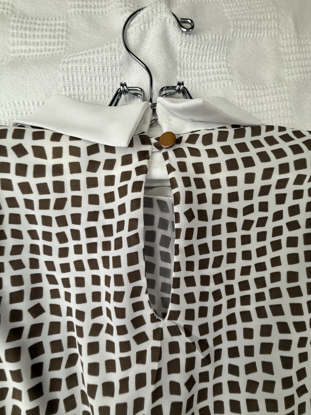 Vtg 70s Brown Geometric Semi Sheer Poly Chiffon Secretary Dress Buckle Belt M/L