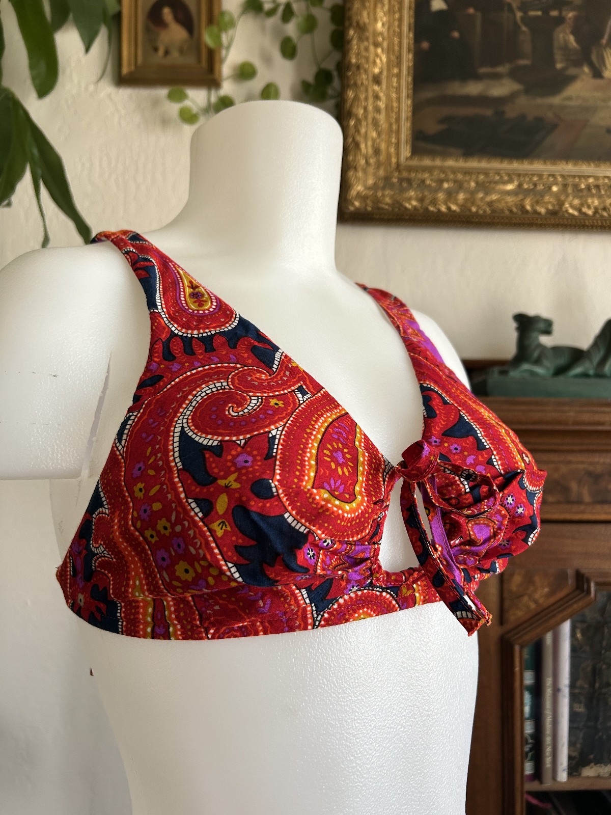 Vintage 1960s 70s Red Psychedelic Paisley Bikini Swimsuit 2pc Bathing Suit SM