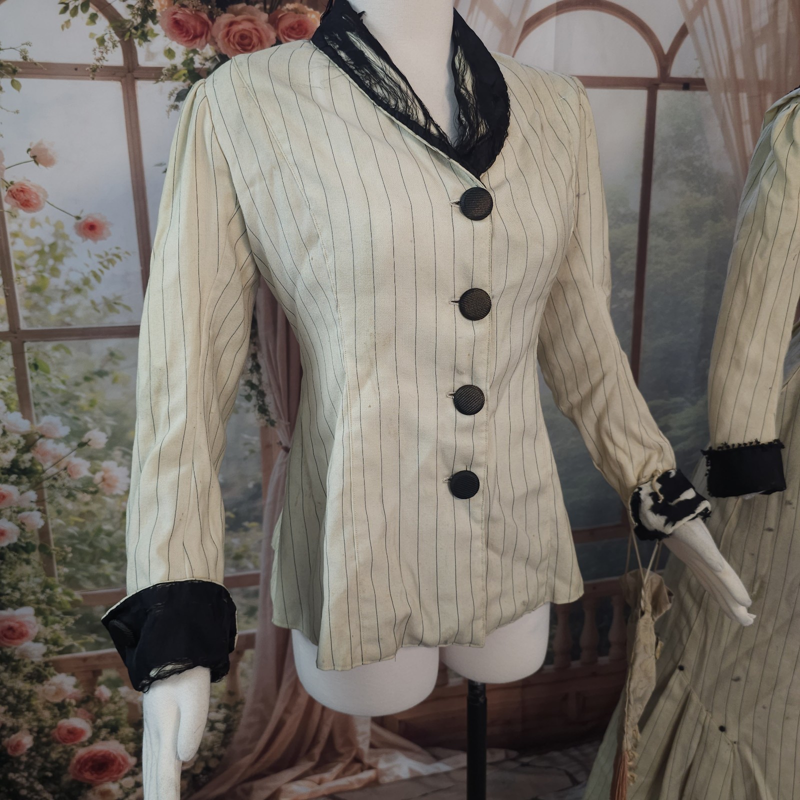 Antique Walking Suit 2 Pc Cream Pinstripe Purse Dress Black Trim Blazer Jacket