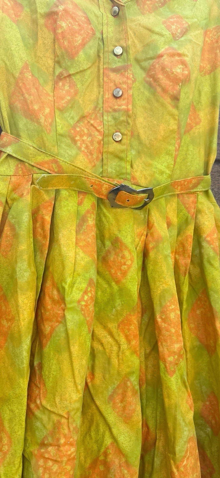 Vintage 1960s JACL Cotton Rayon Mod Shirtwaist Dress Green Orange Size 12