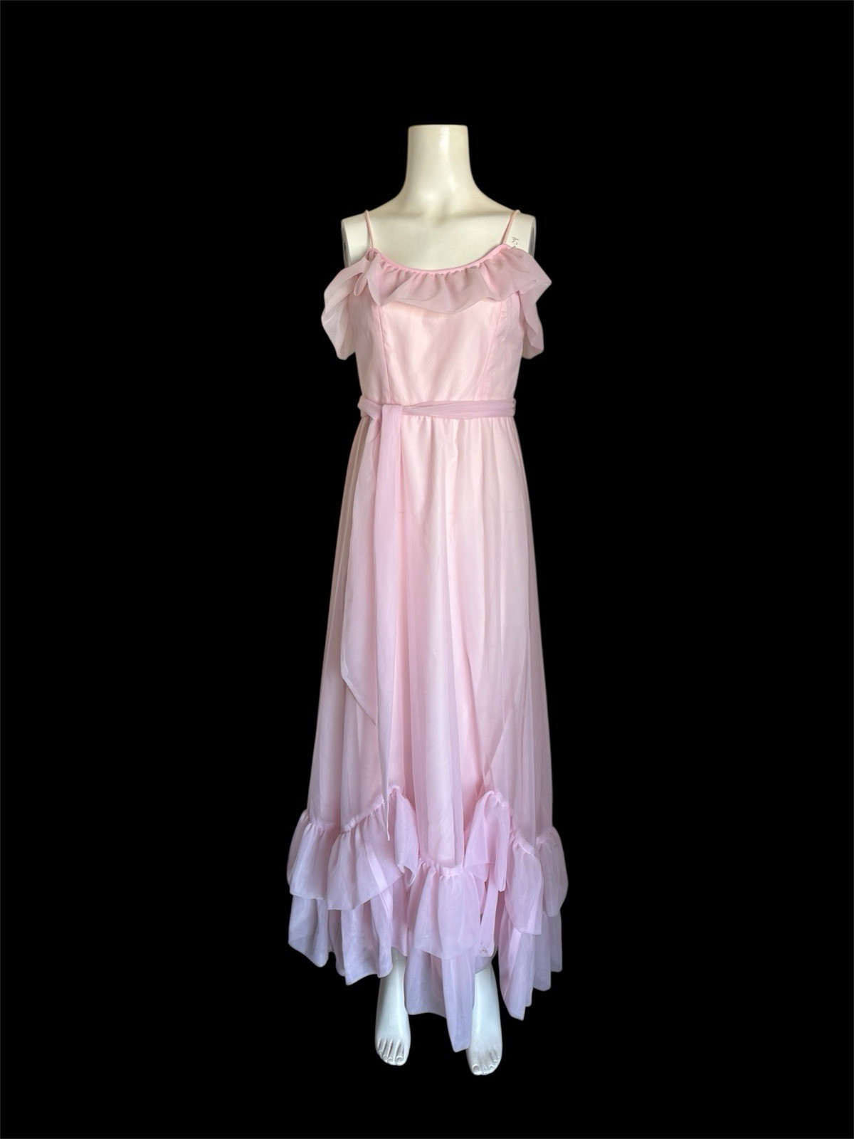Vintage 1970&rsquo;s Light Pink Chiffon Ruffle Floor Length Gown S-M Prom Formal