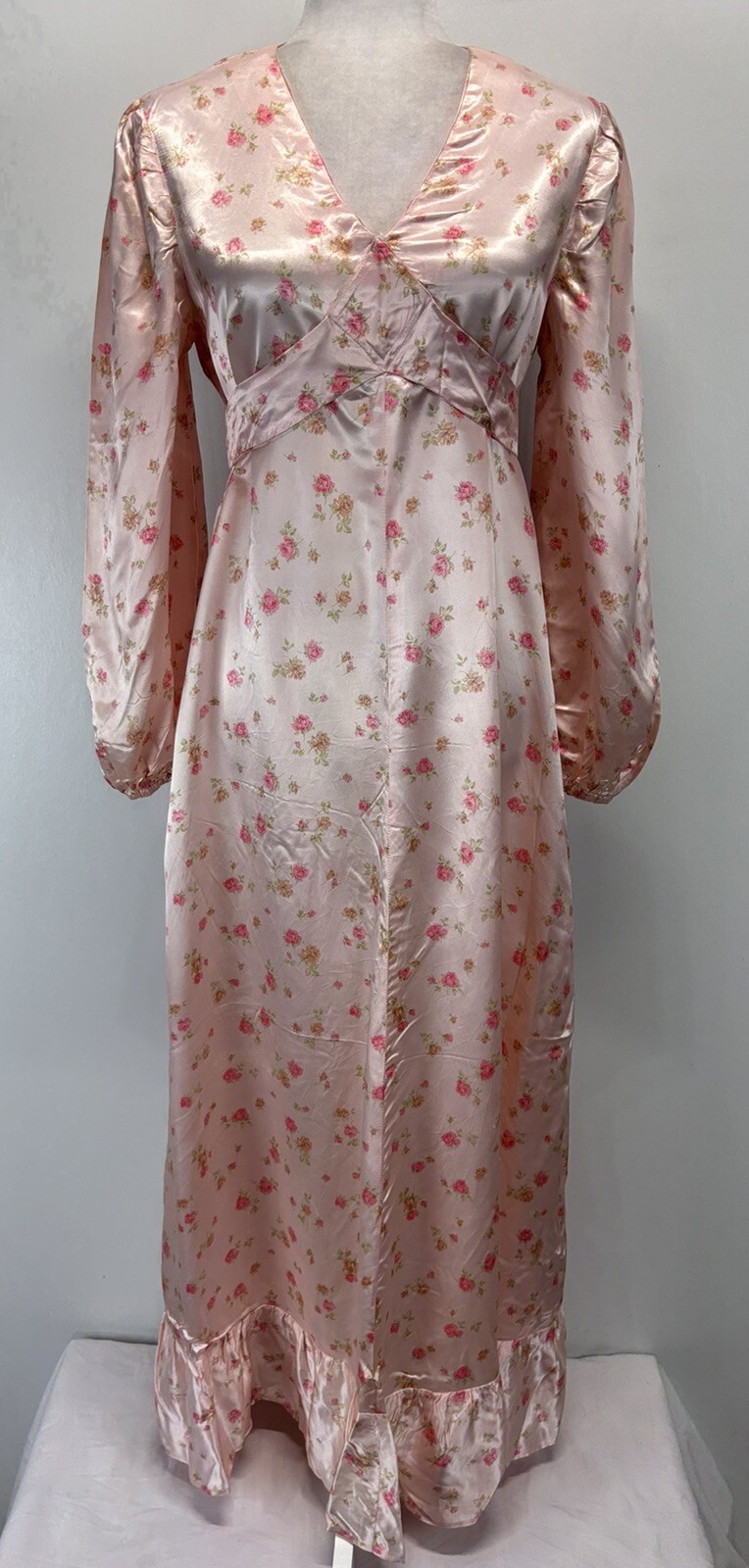 Vtg Handmade Satin Floral Gown Dress Pink Tie Back Cottage Core Prairie Long 70s