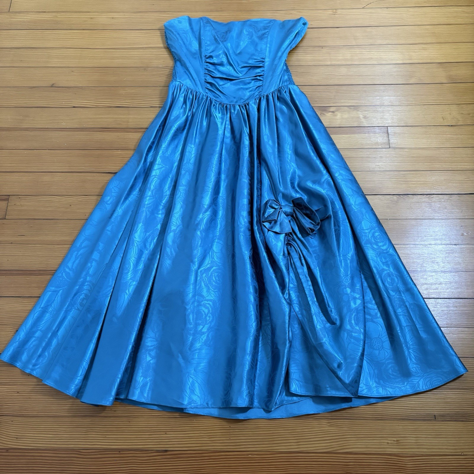 VTG 80s Studio E Teal Floral Brocade Prom Party Dress Strapless Ruched Maxi L