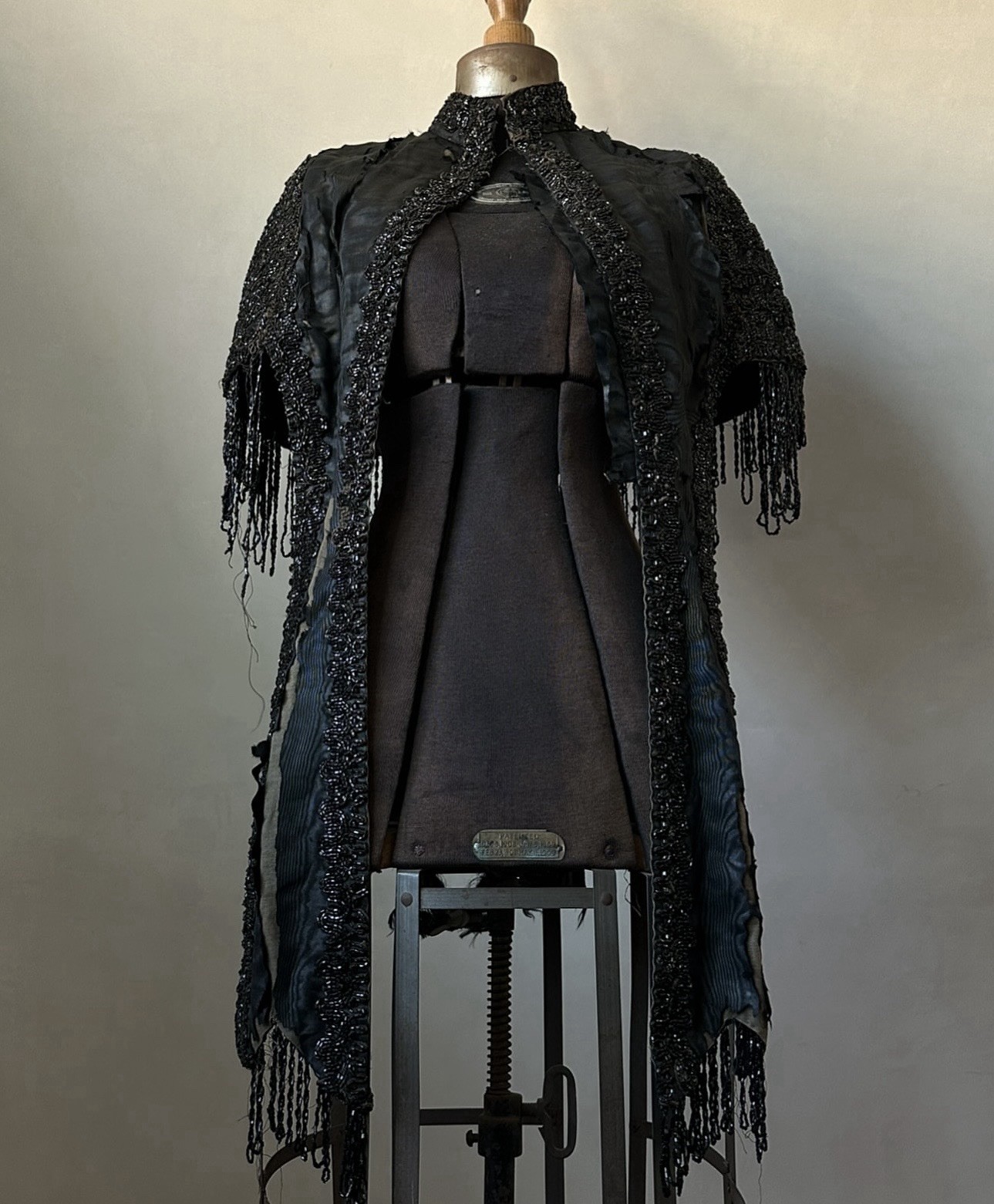 Victorian Antique Mourning Cape Jacket Black Jet Bead Moire Silk As Is