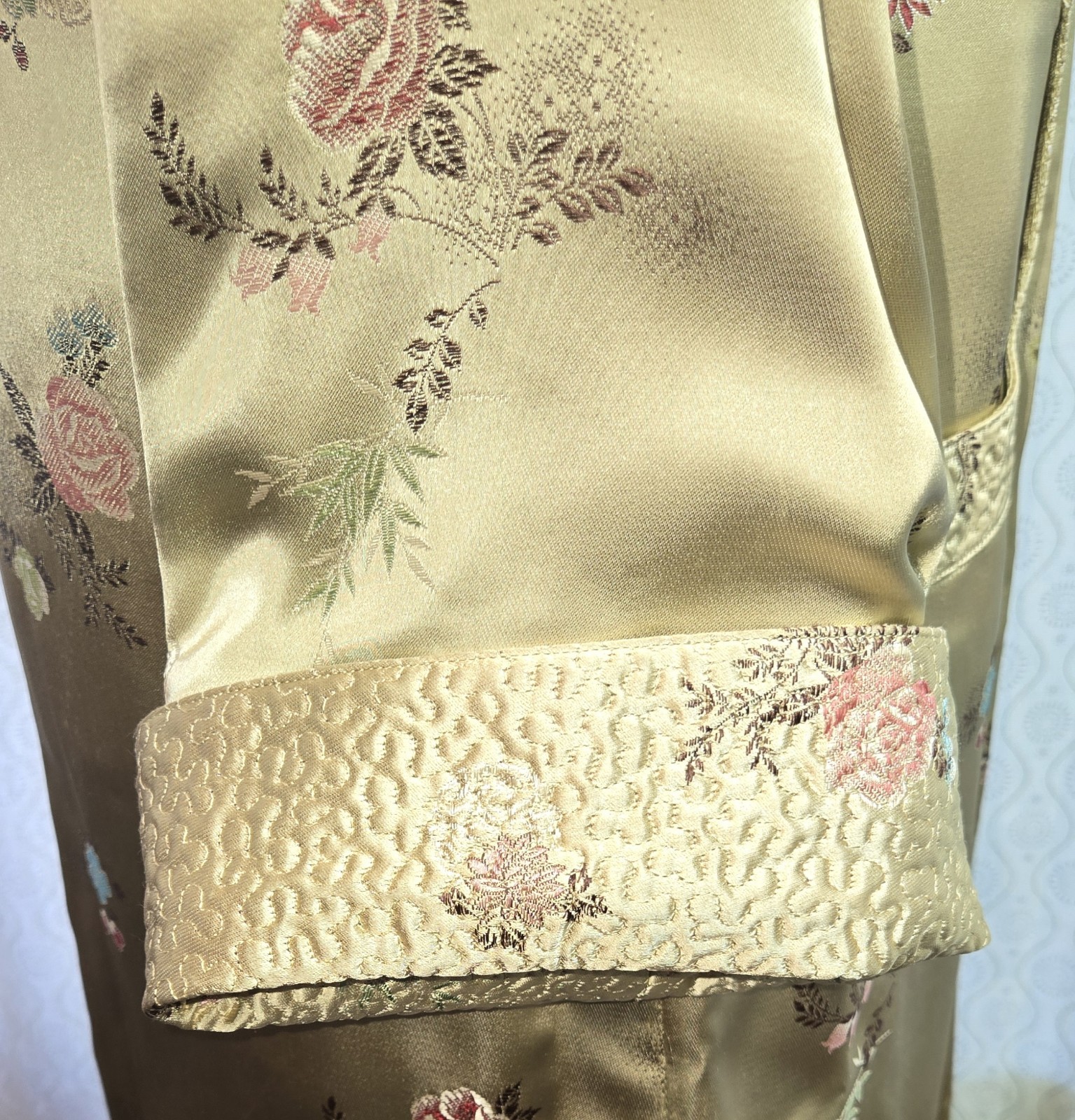 Chinese Brocade Embroidered Satin Frog Knots Long Duster Coat Tangzhuang 38 M