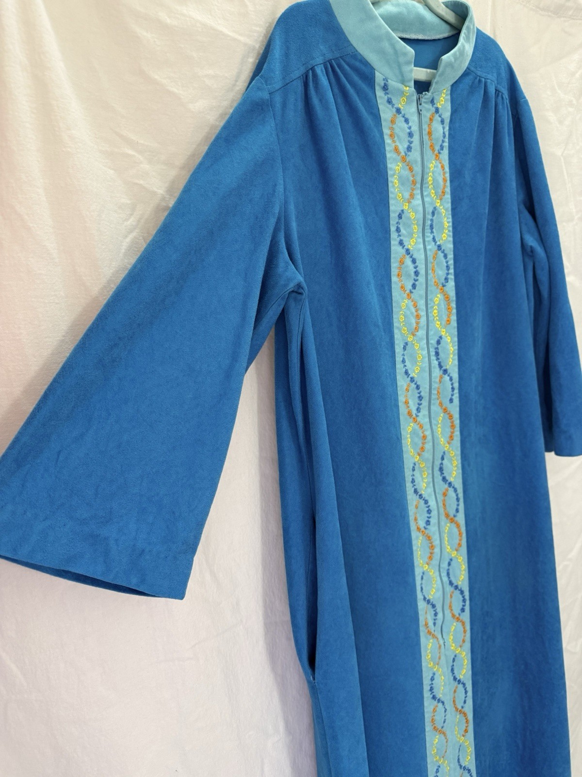 VTG 70s Blue Hostess Caftan Maxi Lounge Dress Boho Grandma Chic Glam