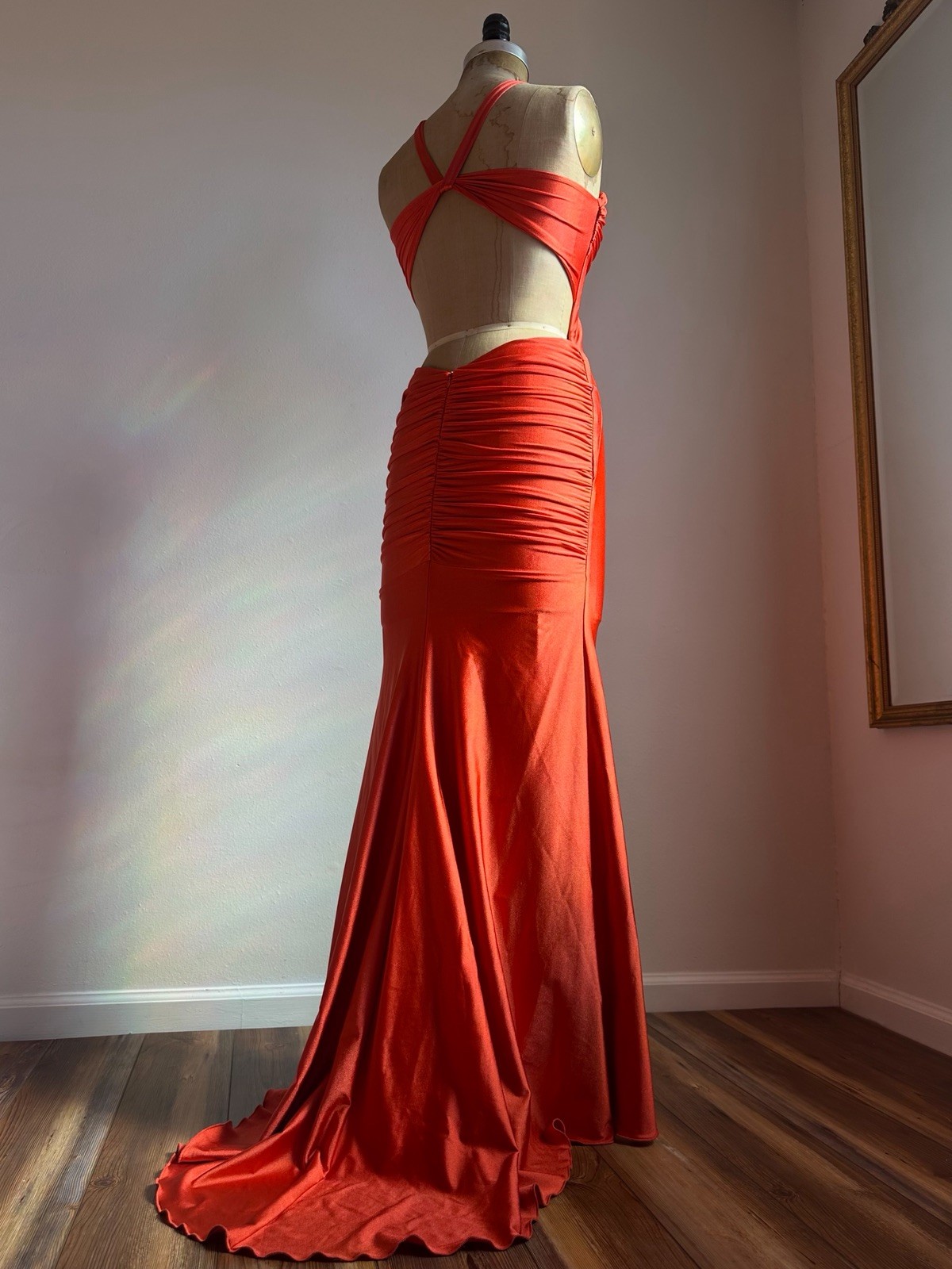 1990s Y2K Valentine Sexy Backless Rhinestone Mermaid Gown Dress Stretch Halter