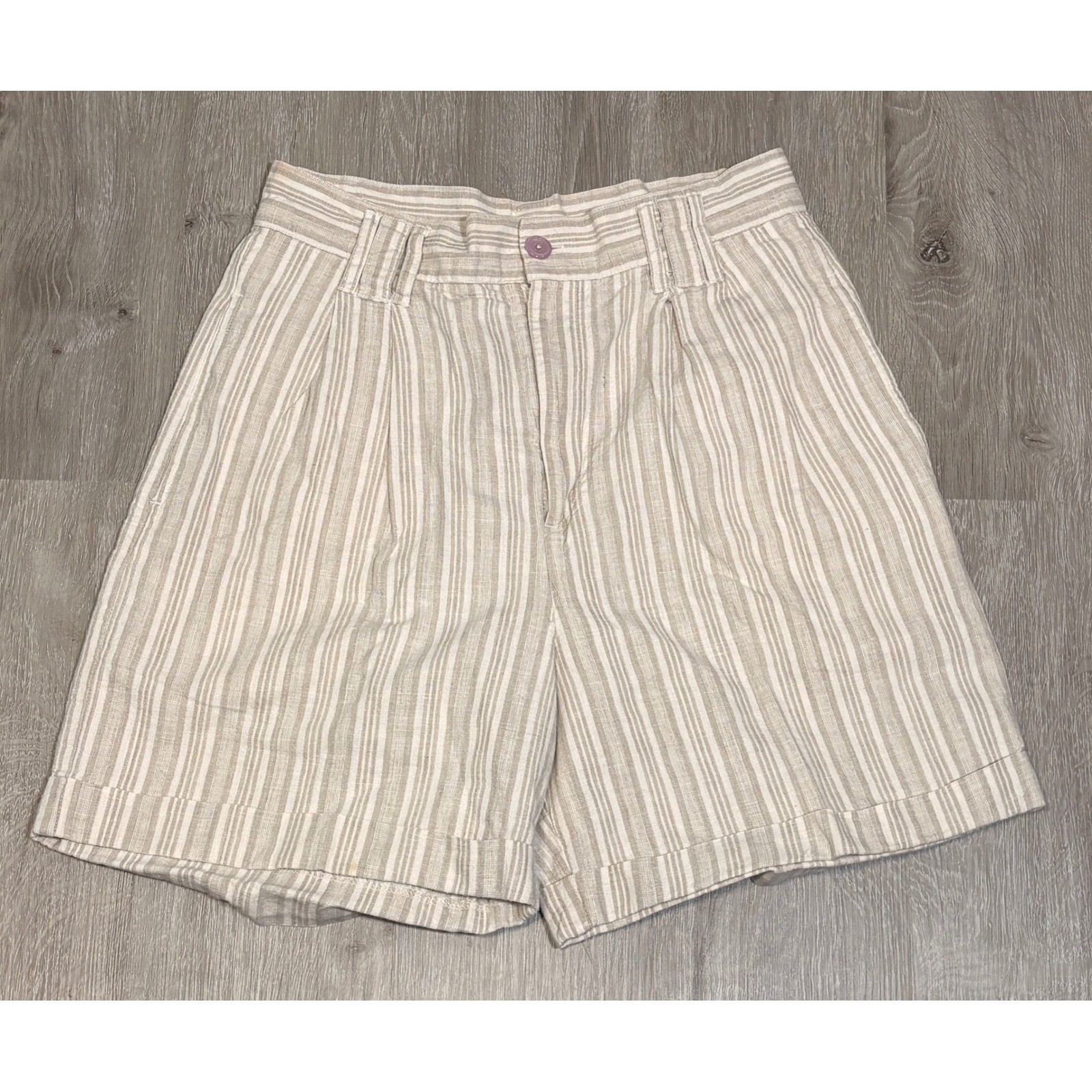 Uniworld Vintage High Waisted Linen Cotton Striped Pleated Shorts Beige White 13
