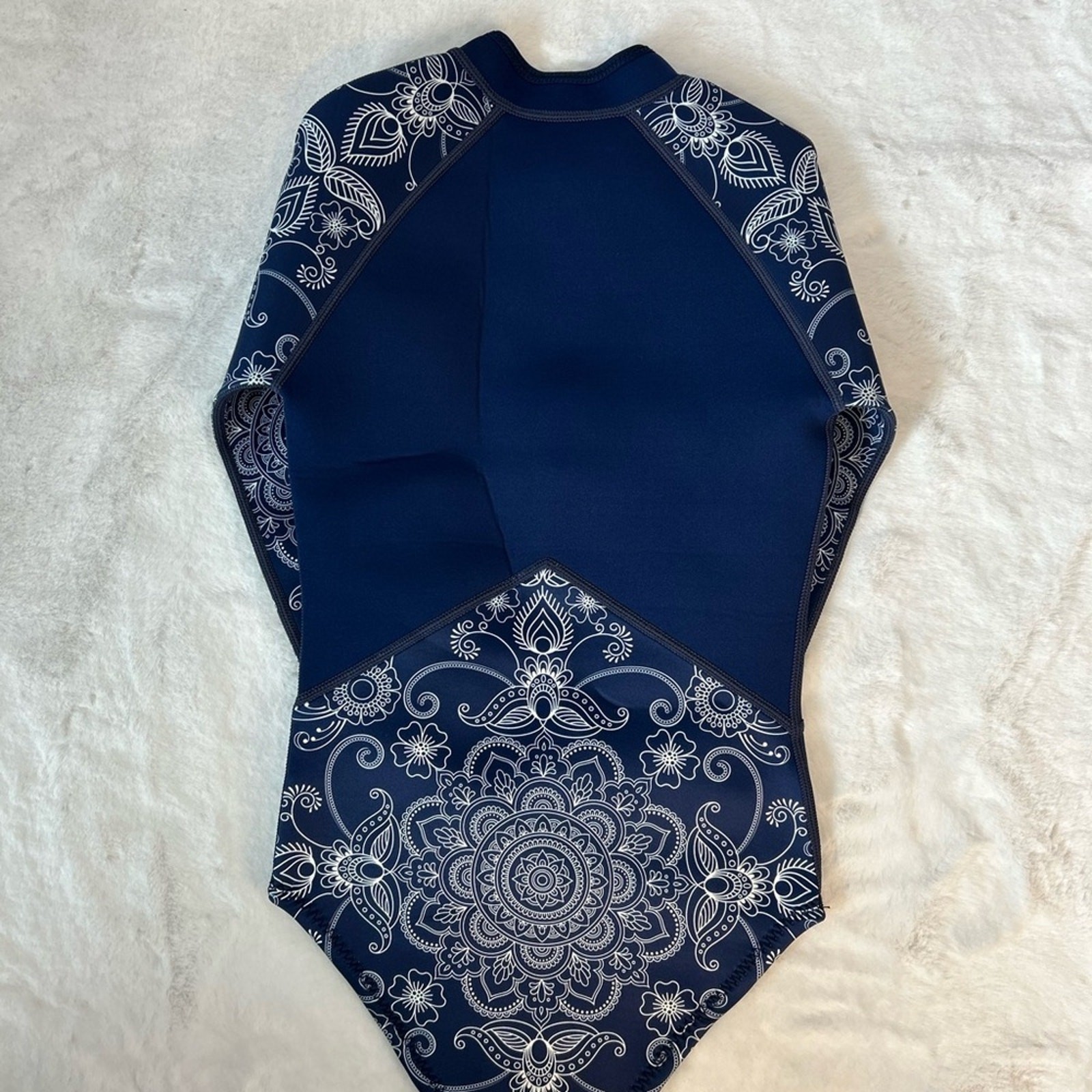 Tilili Mandala Rashguard One Piece Swimsuit Long Sleeve Zip Front Boho Navy 10