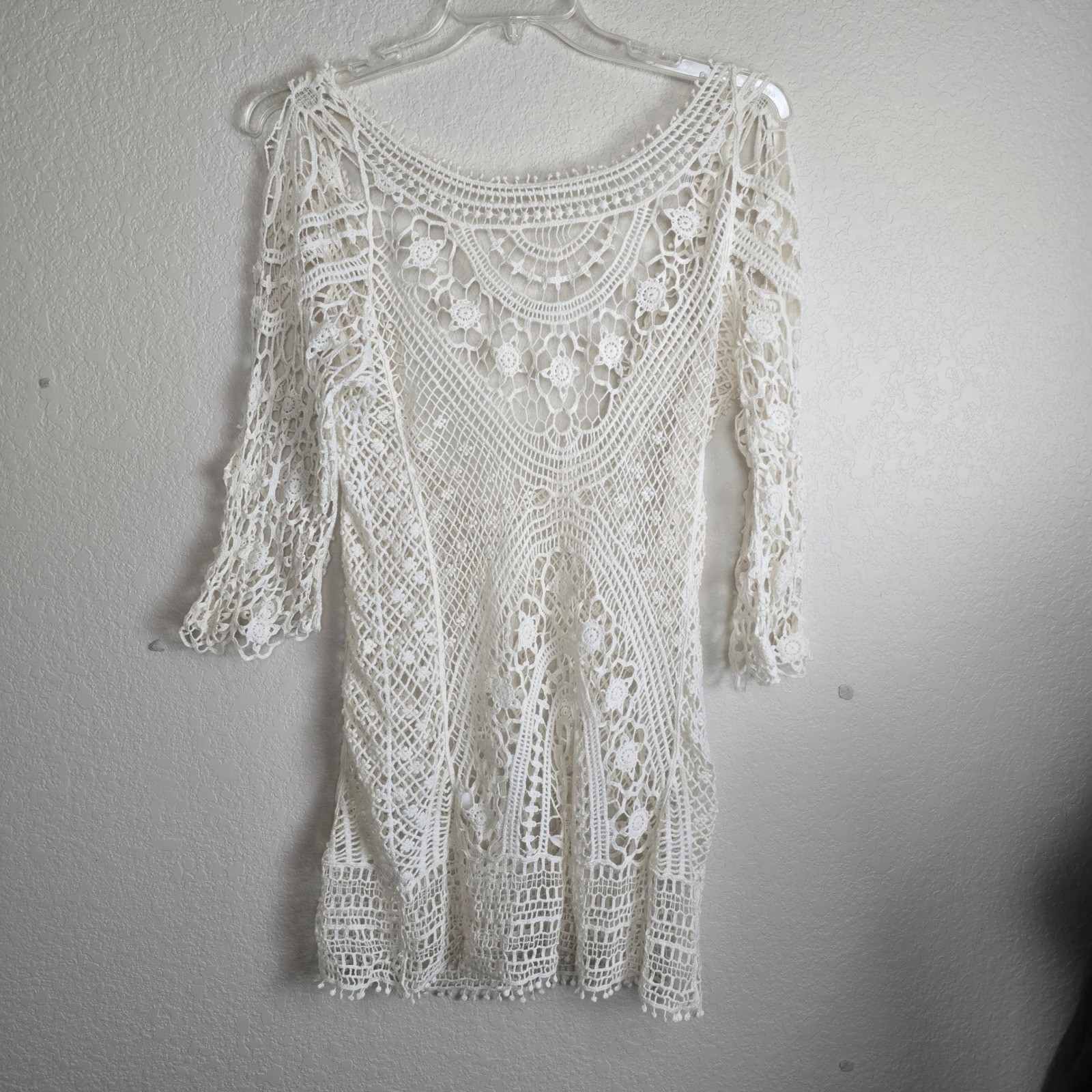 Vintage Crochet Lace Open Back Mini Dress Cream Festival Boho