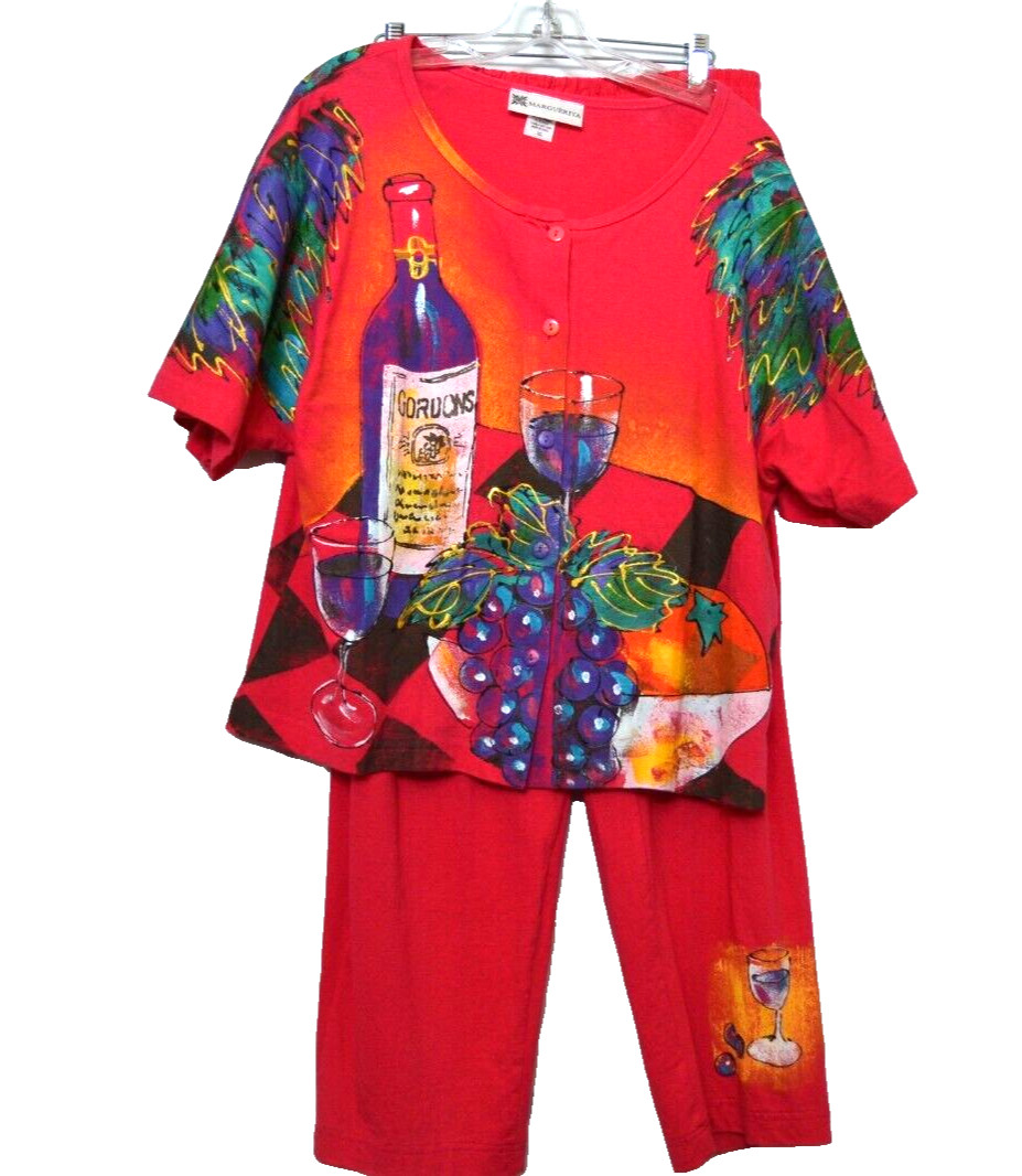 Marguerita Painted Button Shirt WINE Vtg Pull-on Pants PINK Art to Wear XL READ