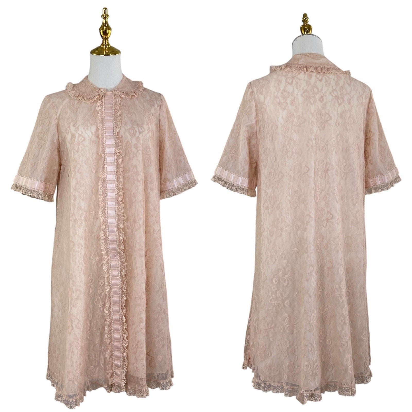 Vintage 60s Odette Barsa Beige & Pink Nylon & Lace Housecoat Robe Women&rsquo;s Size M