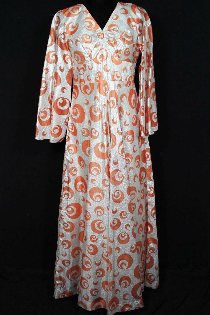 VINTAGE 1970&rsquo;S-1980&rsquo;S LONG SILVER LUREX VIVID ORANGE PRINT GOWN SIZE 8-10