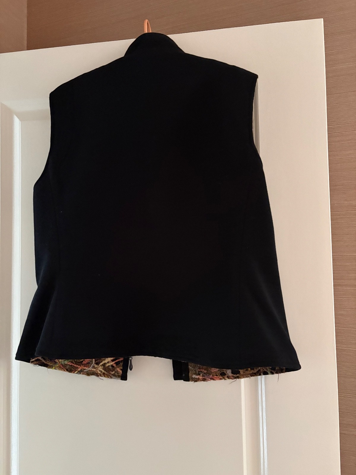Vintage Reverseable Vest, Black / multi colored designed felt, zipper, 2 pockets