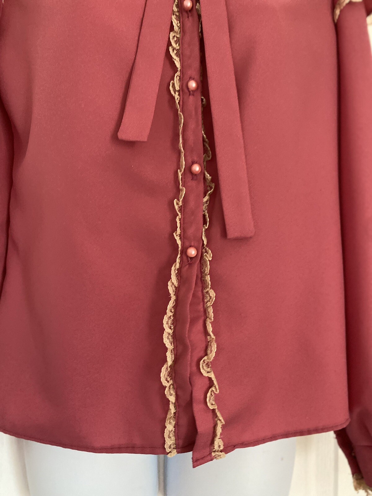 Vintage Top Blouse Pearlette Prairie Cottagecore Sleeve Mauve Pink Tie Small