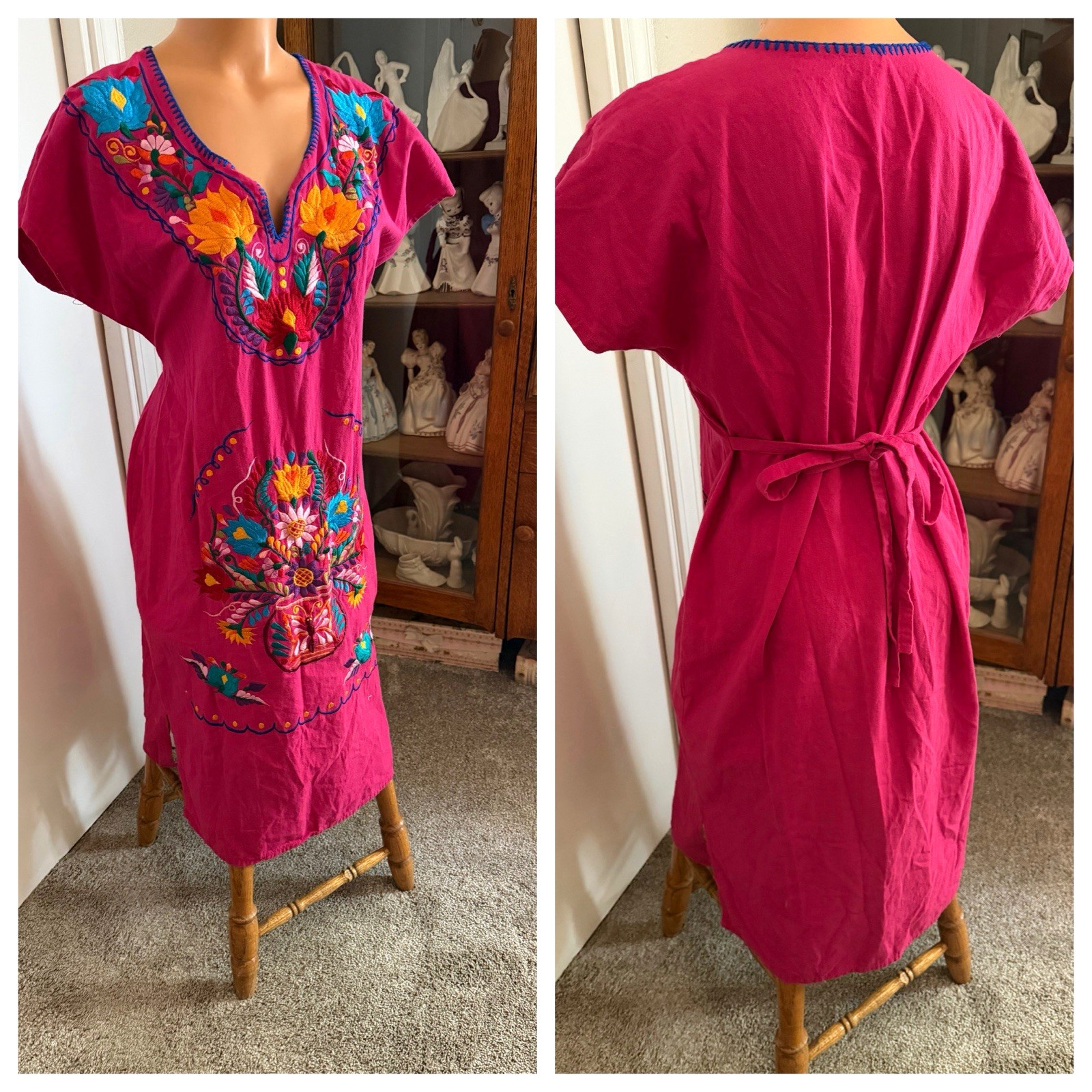 VTG 70s PINK W/ EMBROIDERY & TIE BELT COTTON RETRO MEXICAN FRIDA DRESS S-M