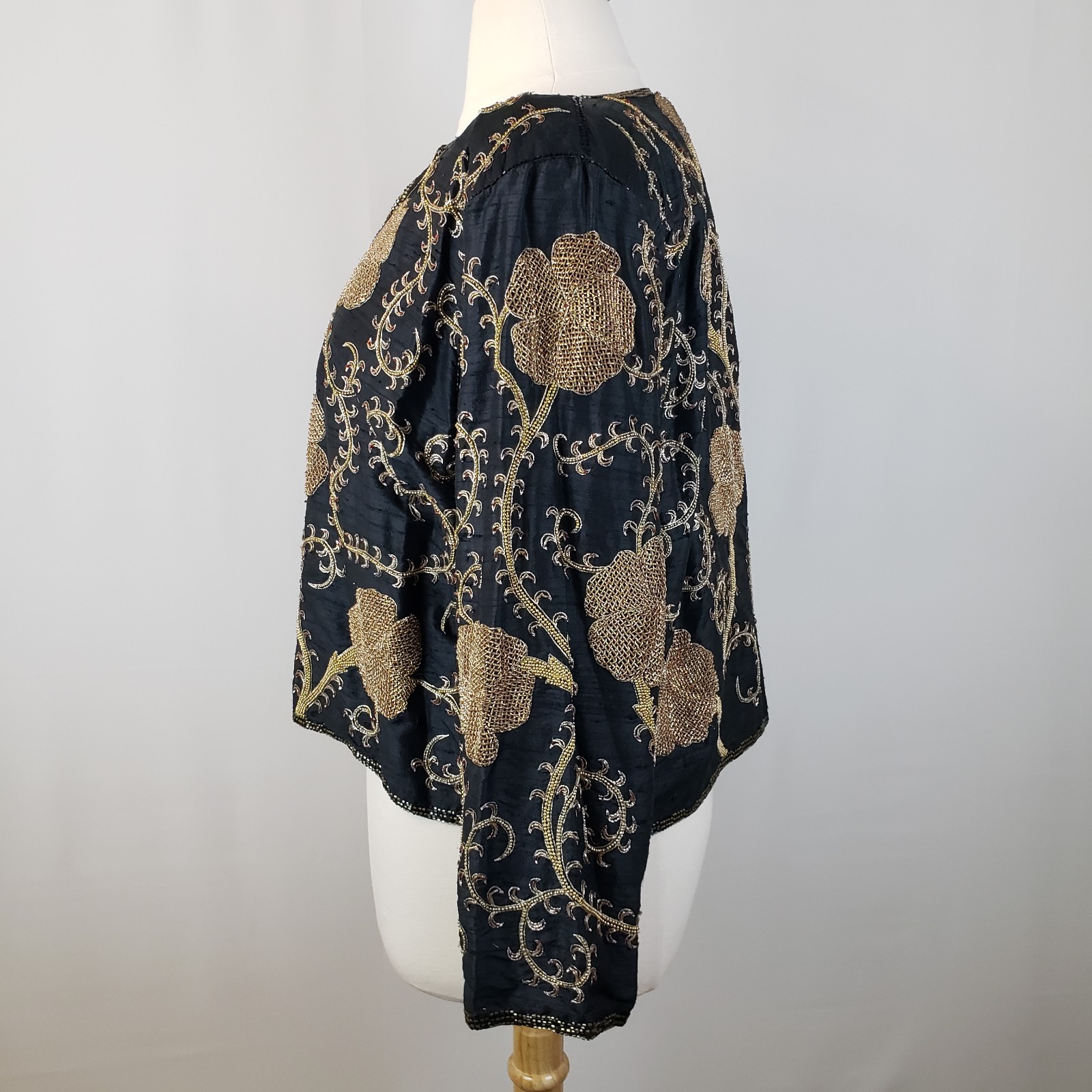 Vintage Starlight Evening Jacket XXL Black Silk Gold Beading Embroidery Handmade