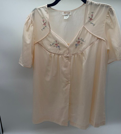 Vintage Barbizon Cotton Bed Jacket Light Peach Women&rsquo;s sz L Embroidered Flowers