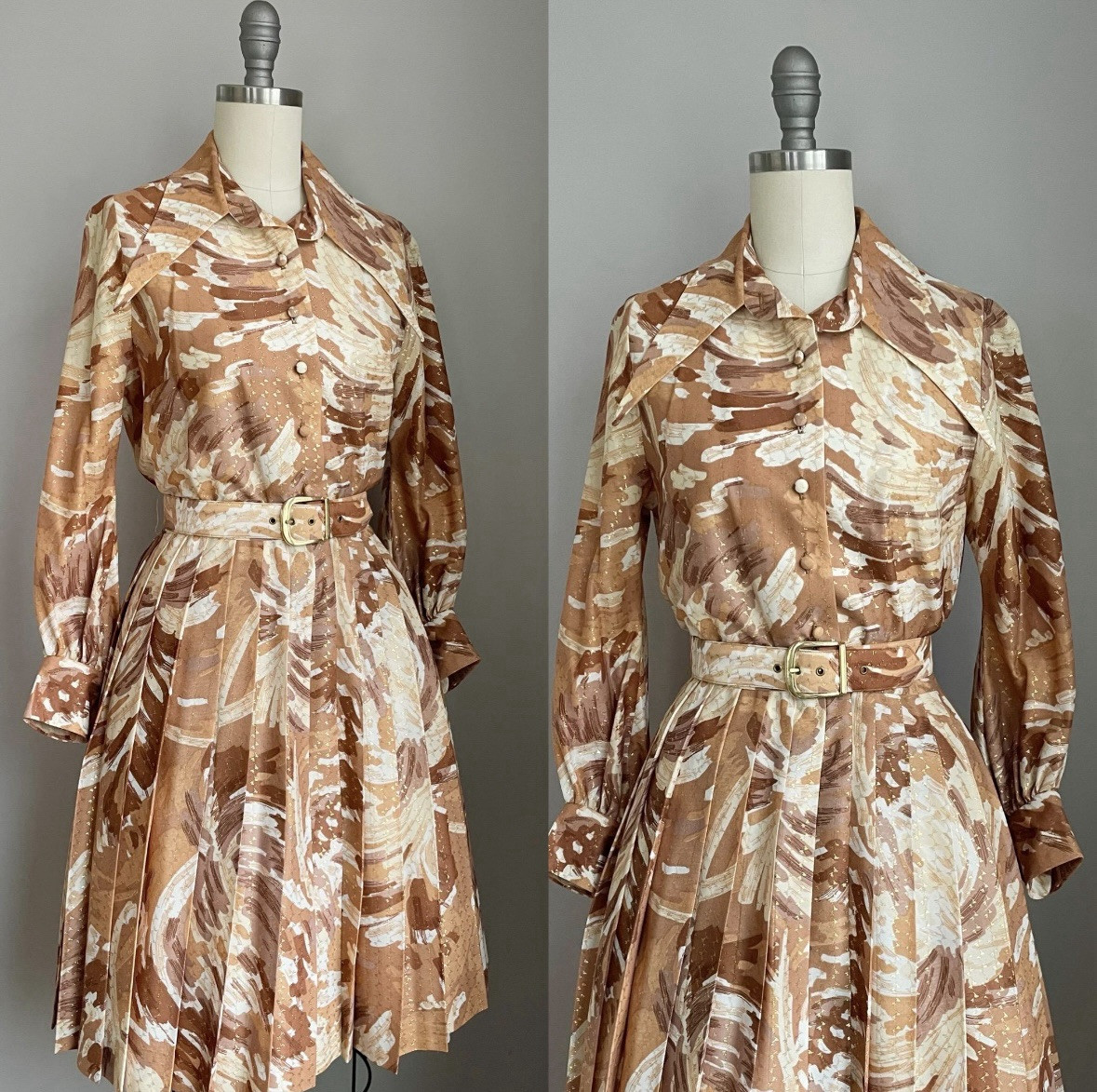 Vintage 70’s Domani Knits Dagger Collar Abstract Copper & Gold Metallic Dress S