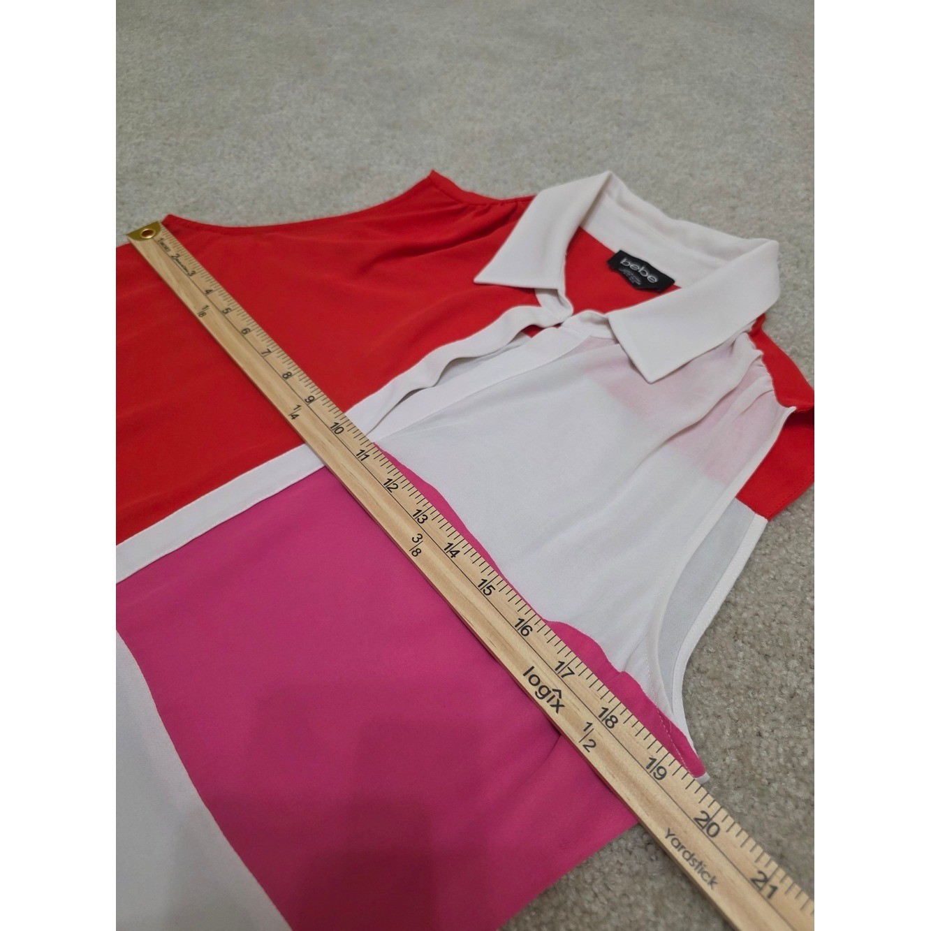 bebe Vintage Colorblock Sleeveless Collared Top – Red, Pink & White Size L