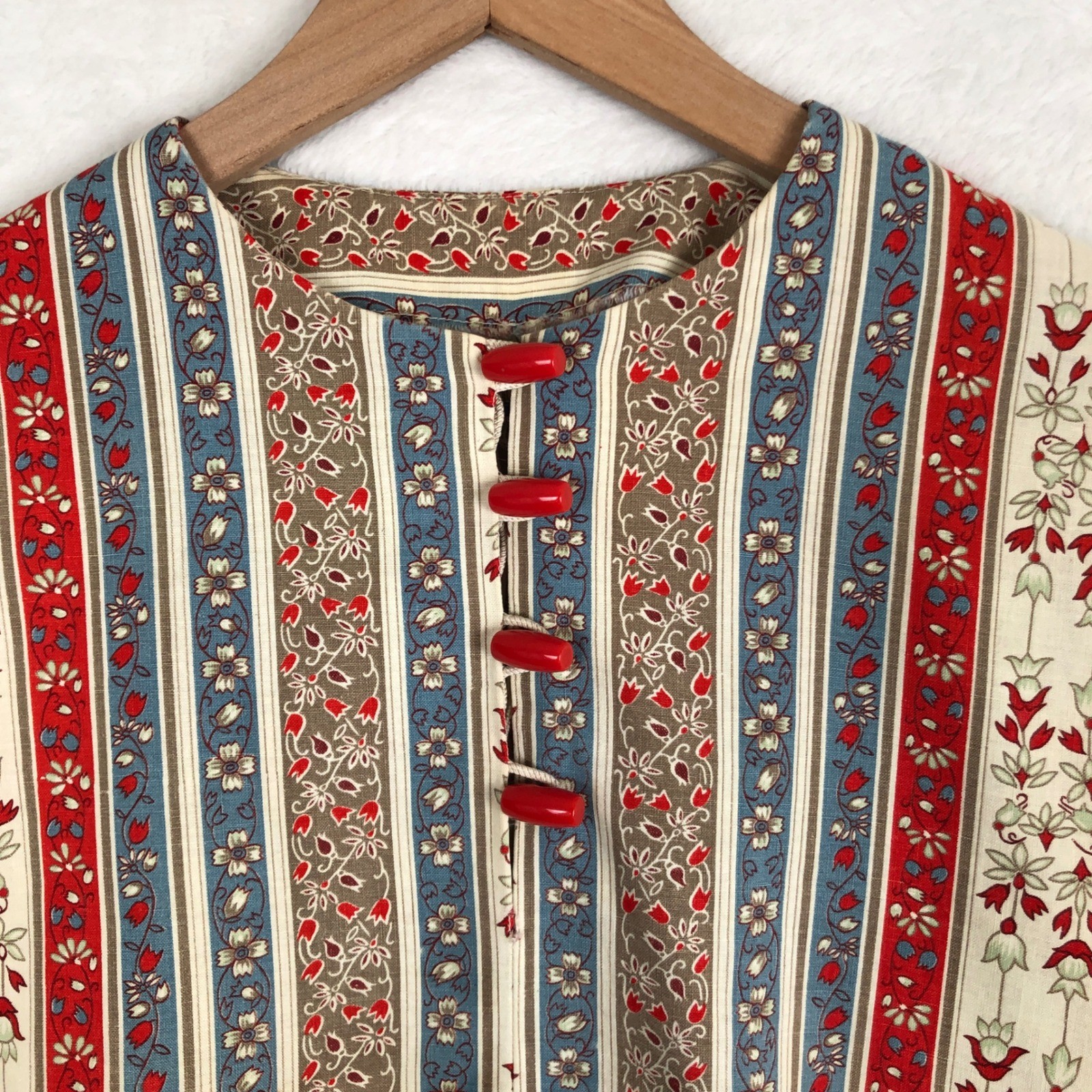 VTG 70s Handmade Floral Striped Toggle Button Tunic Top Sz M Red Blue Cream Boho