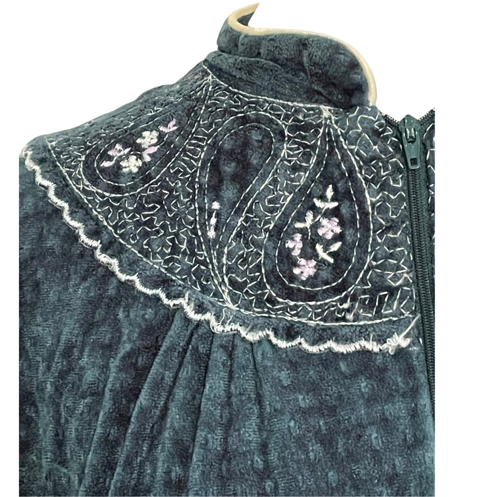 Vintage Heather Velour Robe Half Zip Embroidered USA 70s 80s Dark Teal M