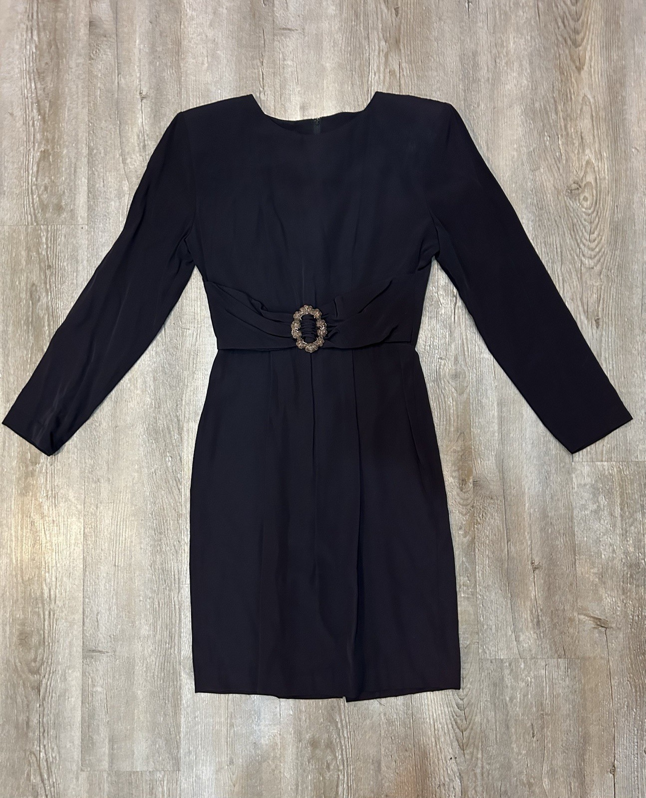 80s VTG Hearts black high neck wide shoulder pencil dress Waist Belt SZ 3/4