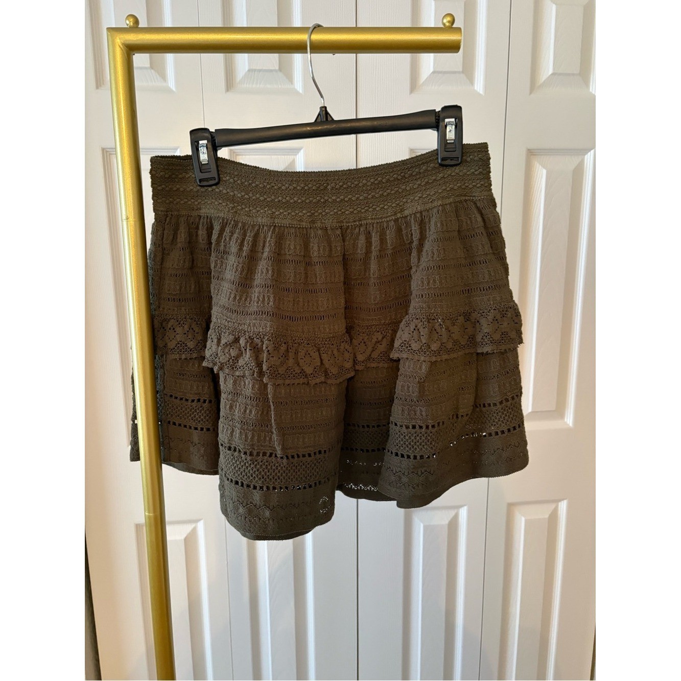 Crochet Mini Skirt Cotton Ruffled Olive Green Cottagecore Feminine Grunge Size L