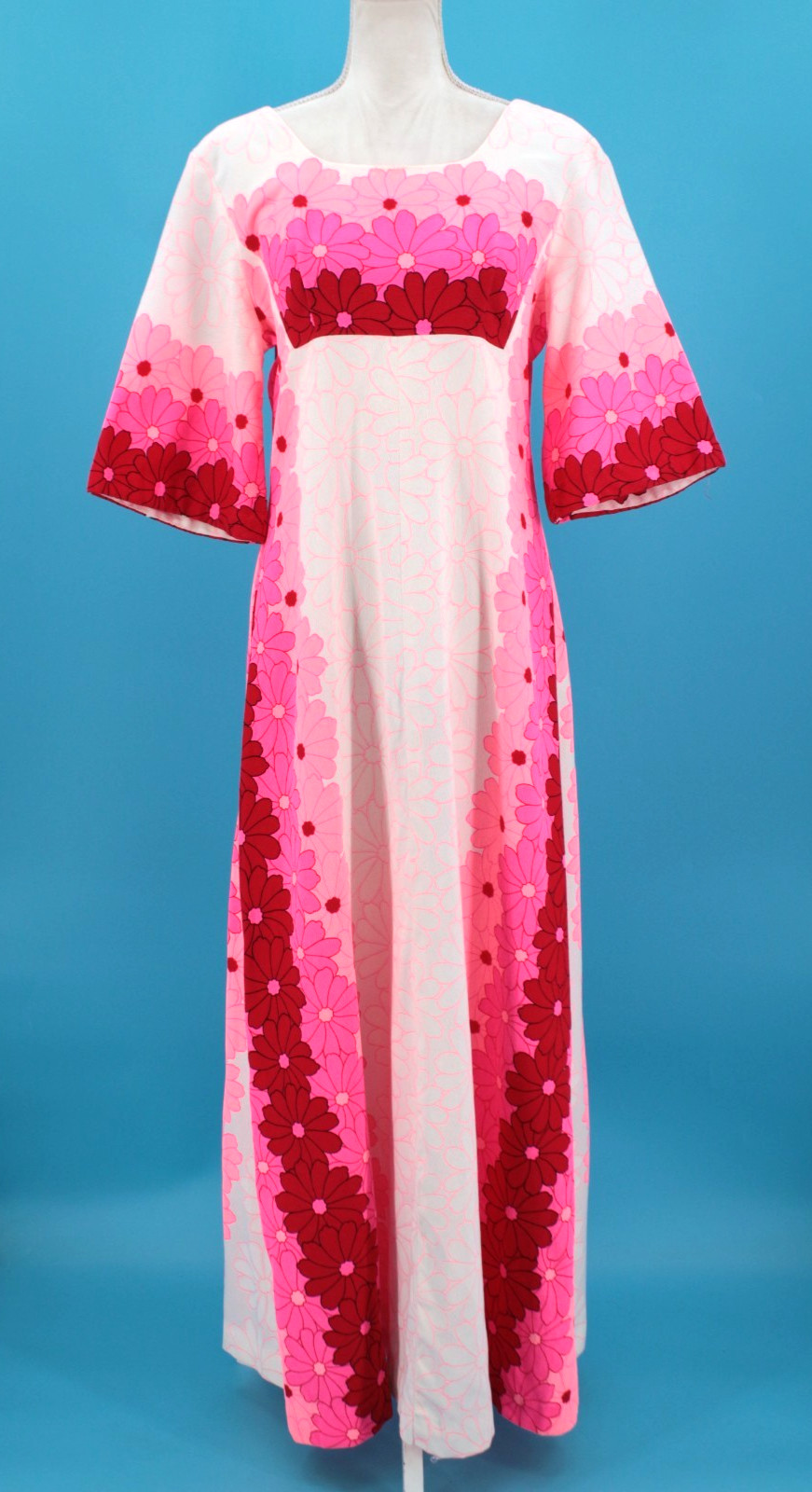VTG 60s Ui-Maikai Hawaiian Hot Pink Psychedelic Floral Maxi Dress XS/S 1960s