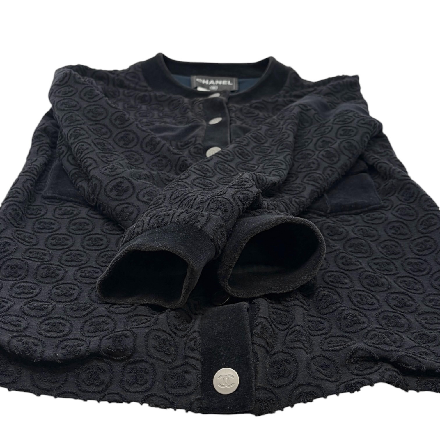 CHANEL Vintage P41364 CC Logo Button Velour Knit Cardigan Jacket #34 Black