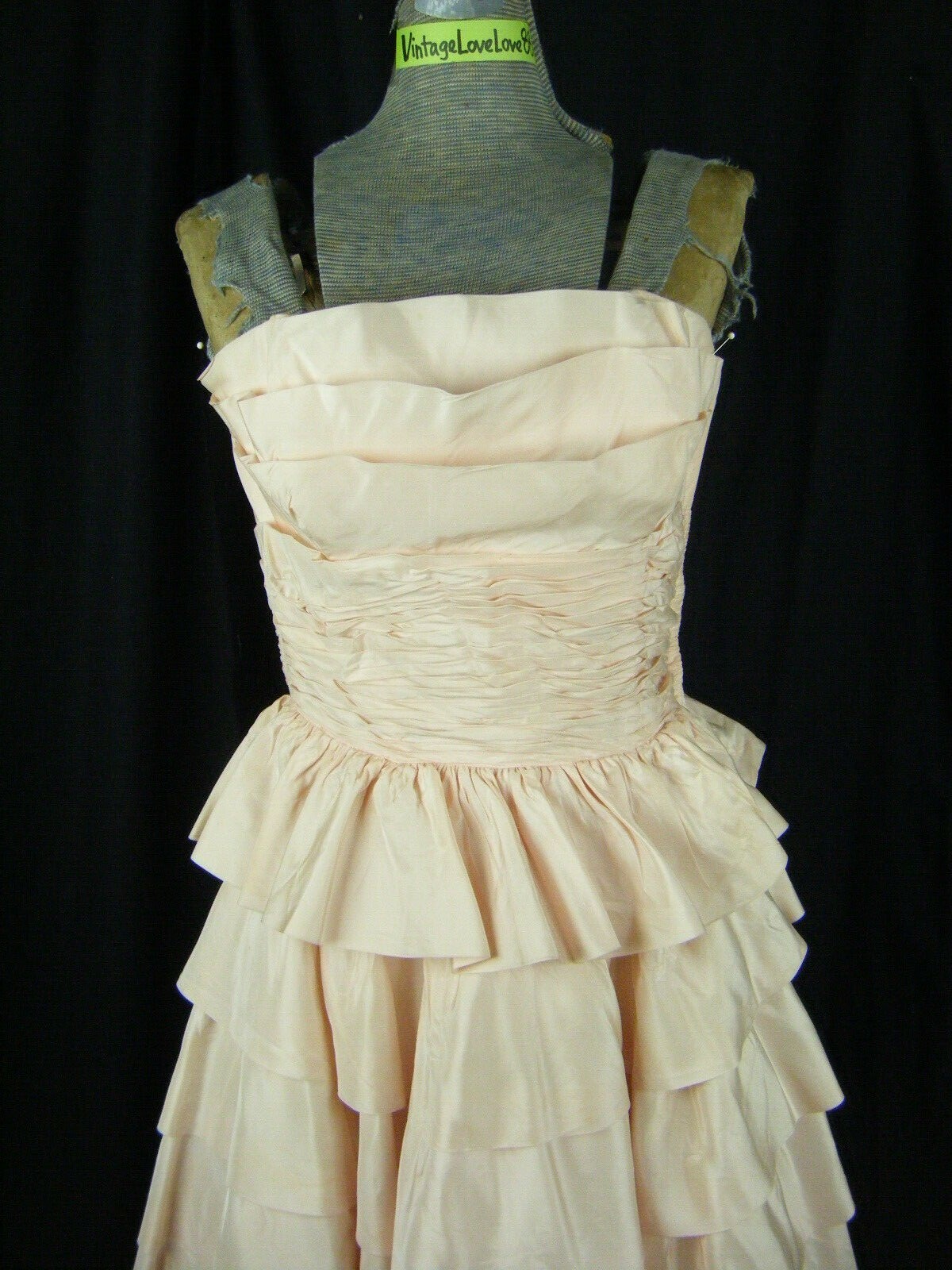 COTILLION FORMALS Vtg 50s Pale Pink Strapless Tiers Party Dress-Bust 32/2XS