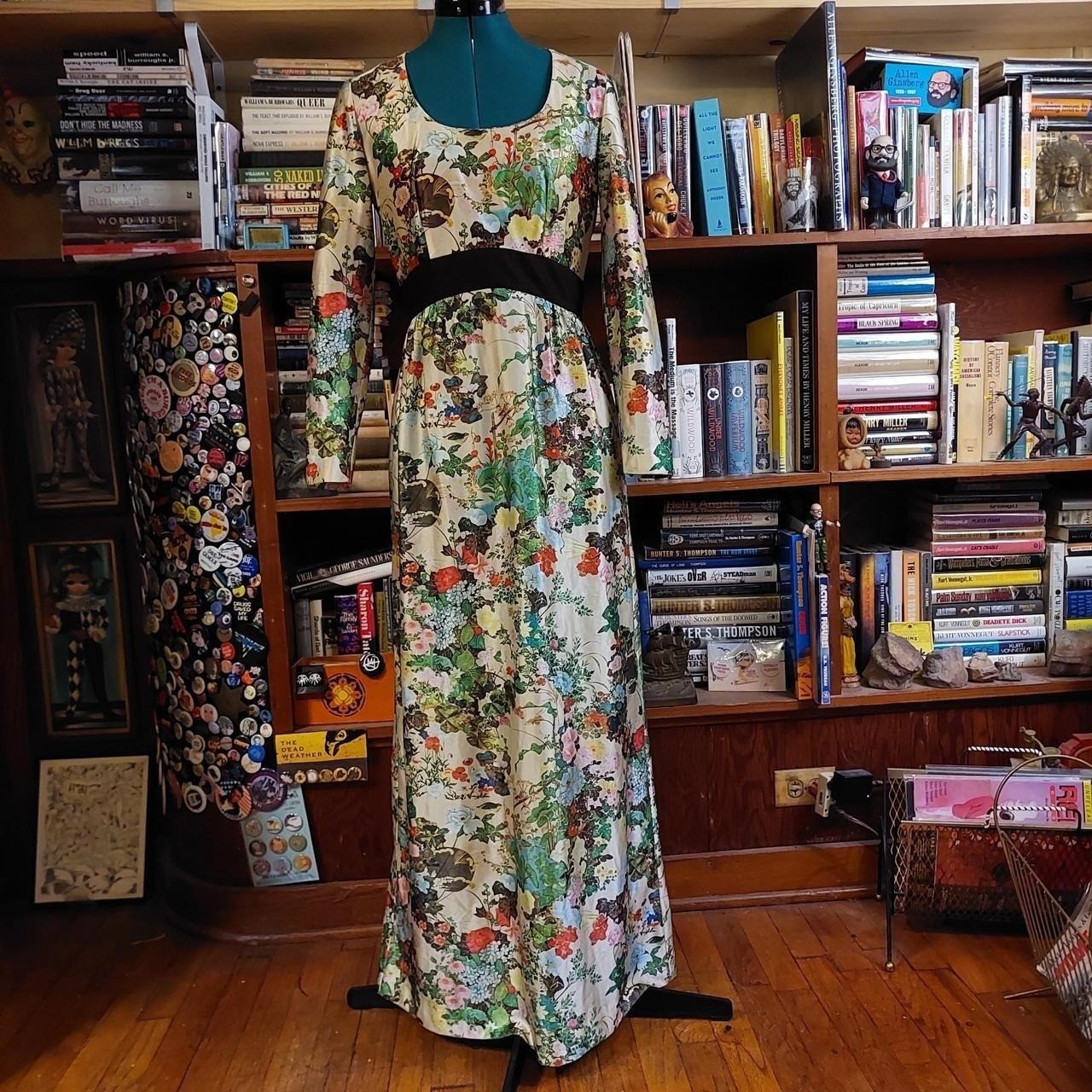 Vintage 70s floral multi colored boho maxi long sleeve high waisted dress