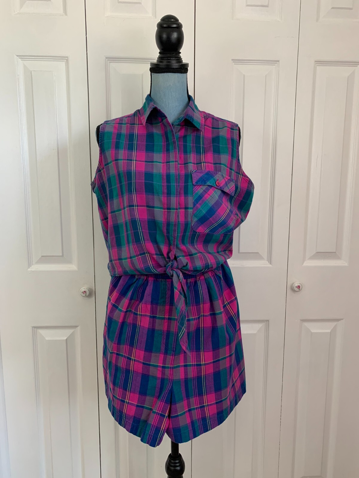 Vintage 1990’s Trend Basics 2 Piece Short Set Cropped Plaid Pink Purple M/L