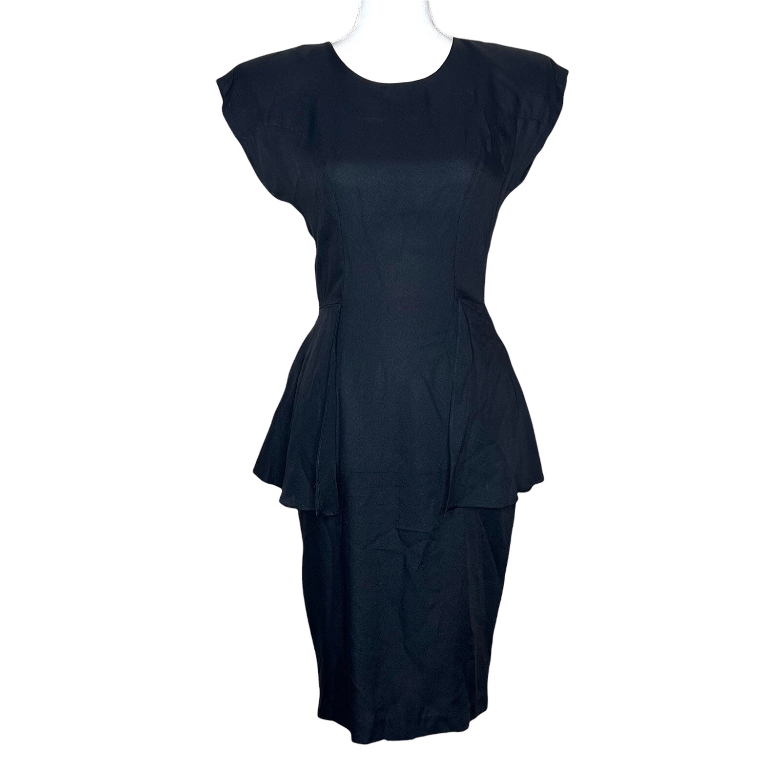 Vintage Laine Peplum Knee Length Dress Cap Sleeves Black Keyhole Size 8?