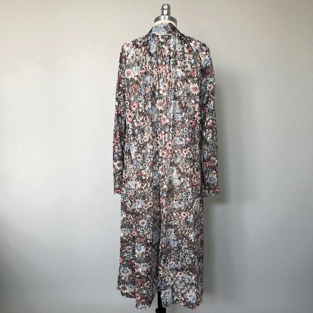Vintage 70s Boho Long Sleeve Multicolor Floral Print Mesh Midi Dress S/M