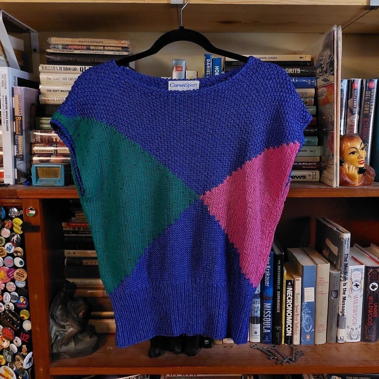 Vintage 44% silk 15 cotton color block purple, green, and pink vest.