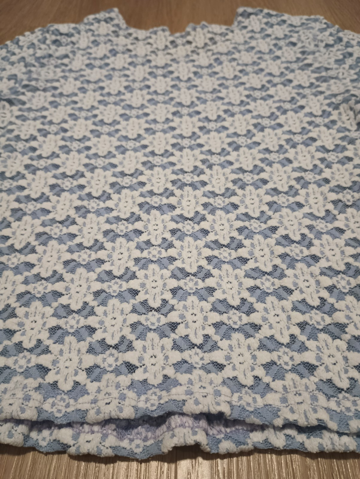 Vtg 70s Stretchy Sheer Crochet Floral Knit Powder Blue MOD Top T Shirt Blouse XS