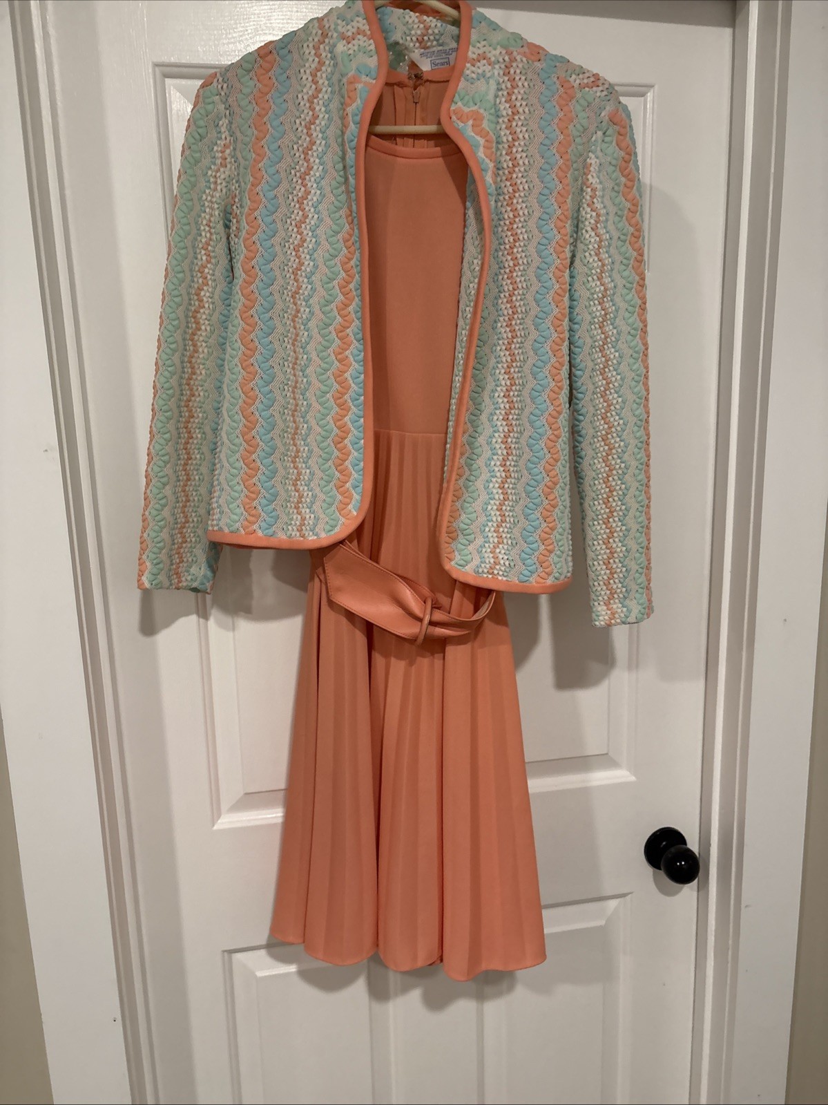 Vintage 60-70s Sears Dress Set Peach Jacket Belt ILGWU USA