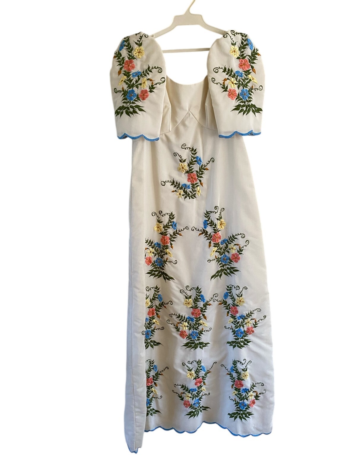 Vintage 60&rsquo;s Tesoro&rsquo;s Embroidered Floral Maxi Dress MCM Boho Hippie Festival