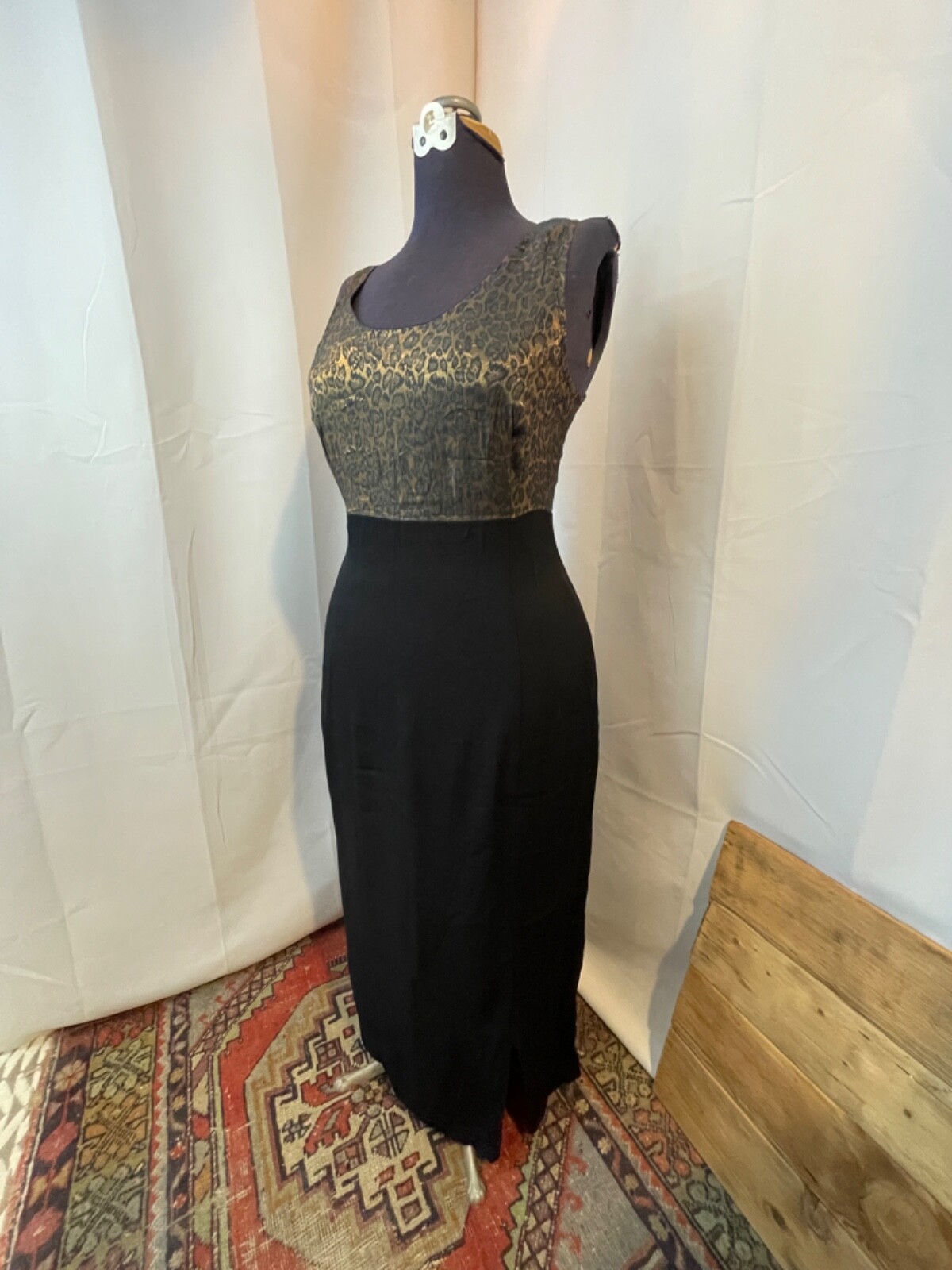 Leopard Print Dress 1990s Vintage Maxi Column Black Metallic Gold L