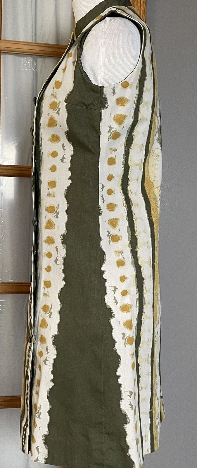 70s Handmade Mini Dress M Side Buttons Olive Sleeveless Party Feminine Classic
