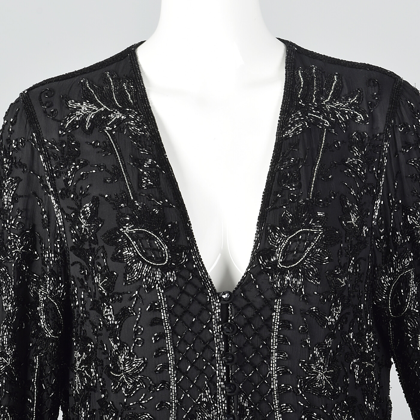 Medium Eavis & Brown Black Silk Beaded Jacket Silk Flowy Separates 1980s VTG