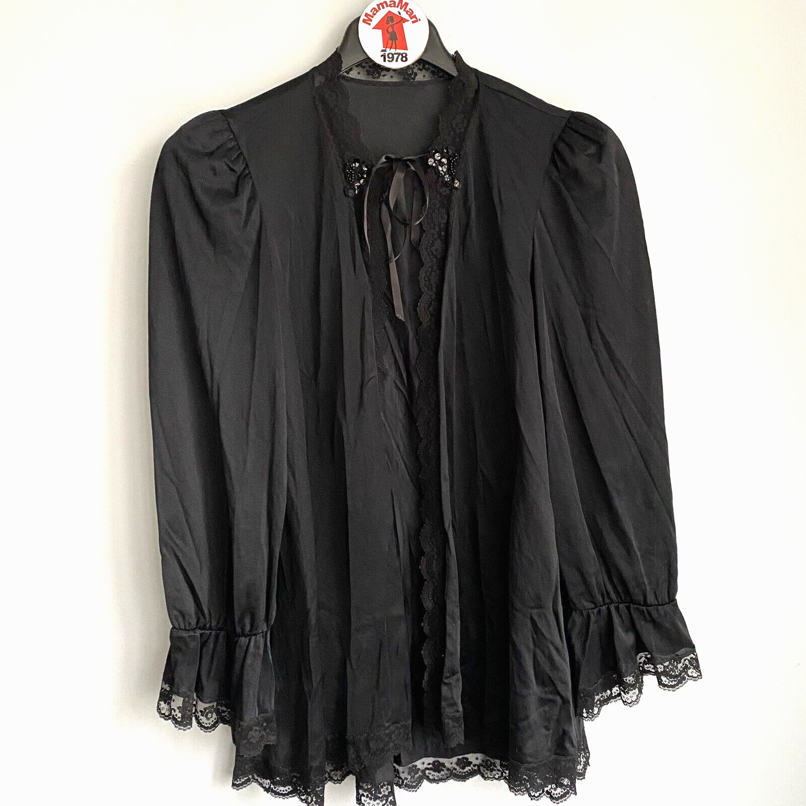 Vintage Petra Fashions Black Nylon Lace Long Sleeve Robe Top Size L Sequin Beads