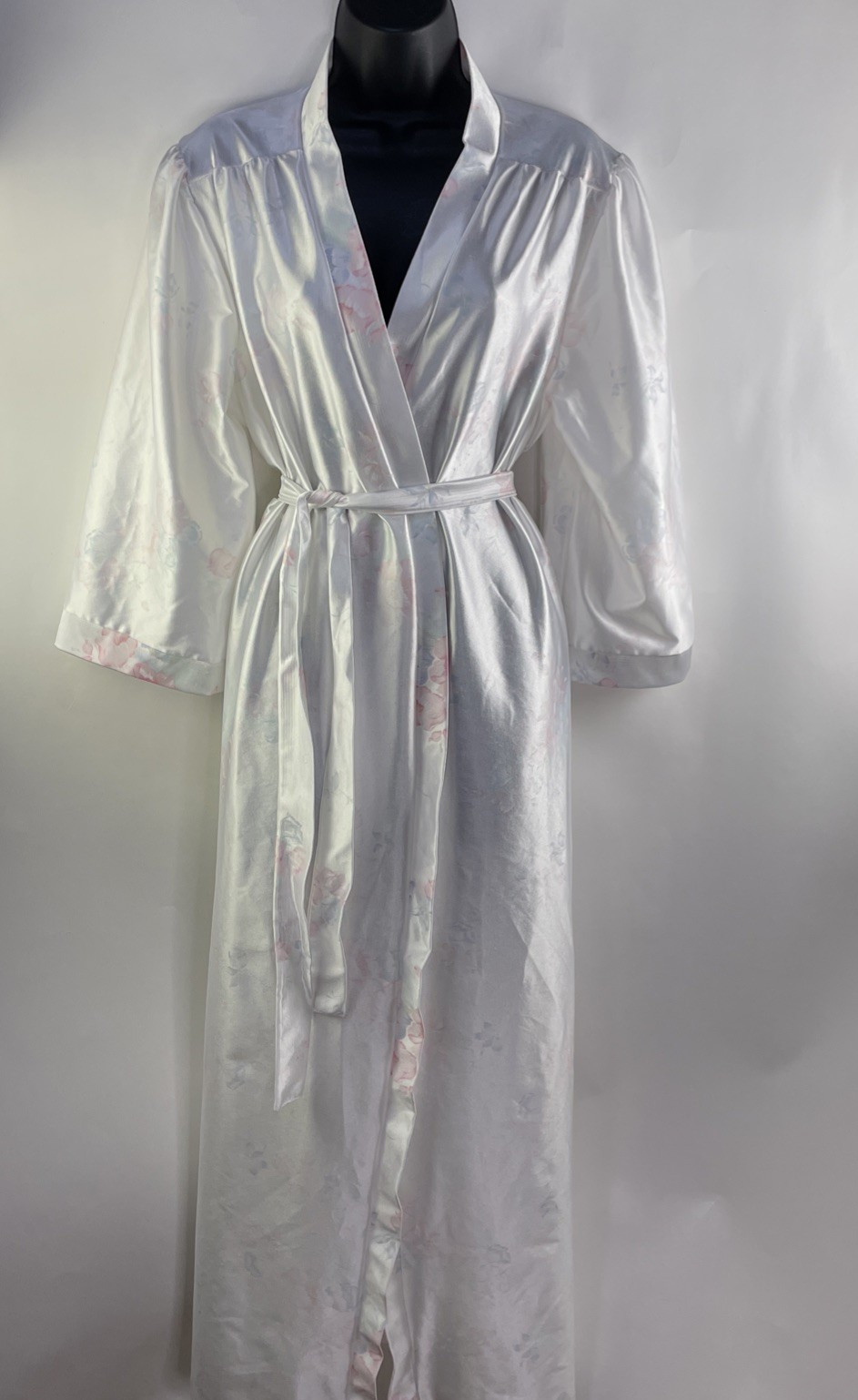 Vtg Lorraine White Satin Belted Long Robe Women&rsquo;s L Floral Print