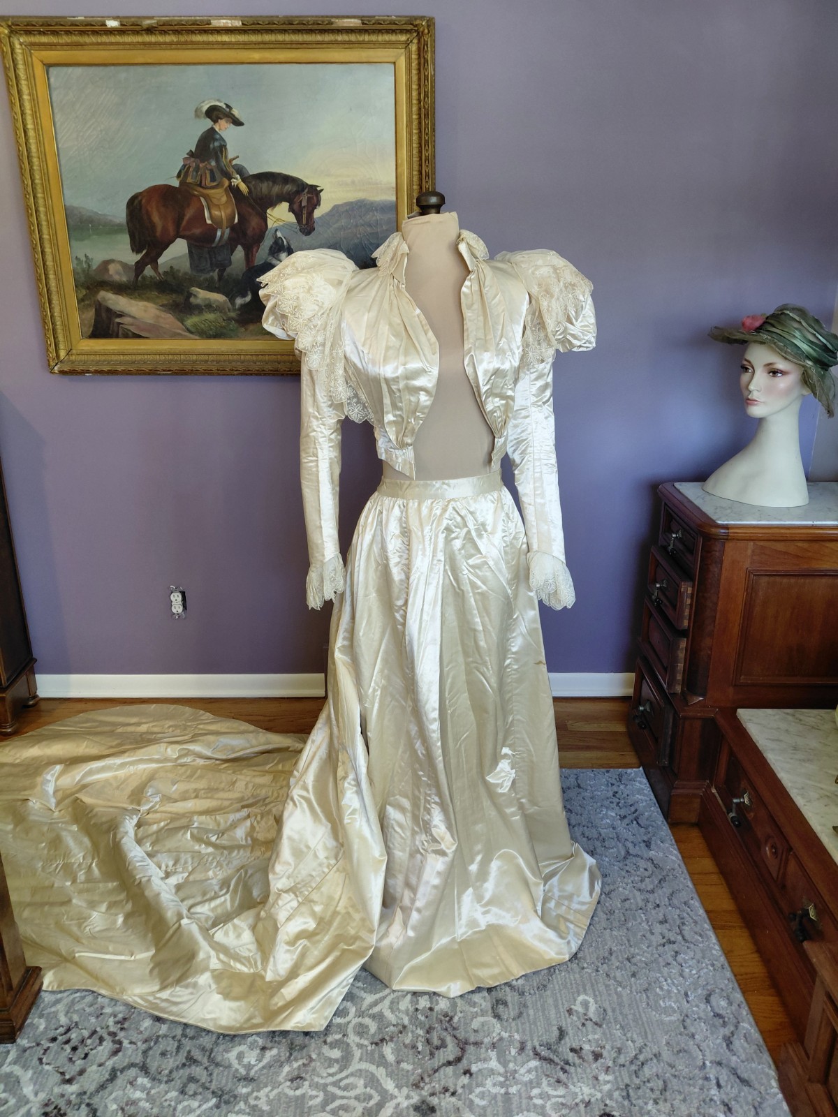Antique 1890&rsquo;s Satin & Tambour Lace Dress Wedding Ball Gown Leg O Mutton Sleeves